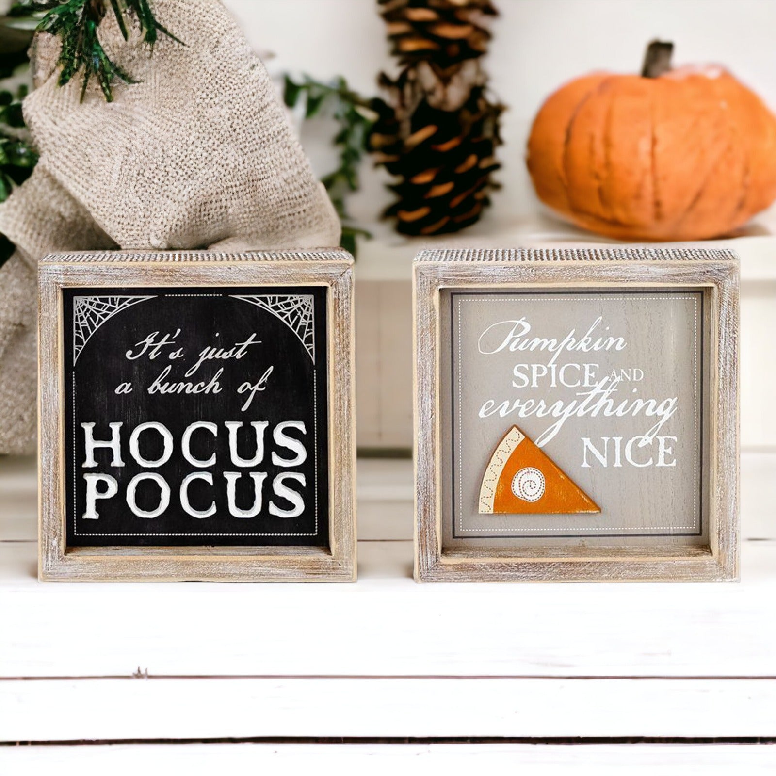 Hocus Pocus 3D double-sided sign featuring Pumpkin Spice and Hocus Pocus graphics, perfect for fall and Halloween decor.