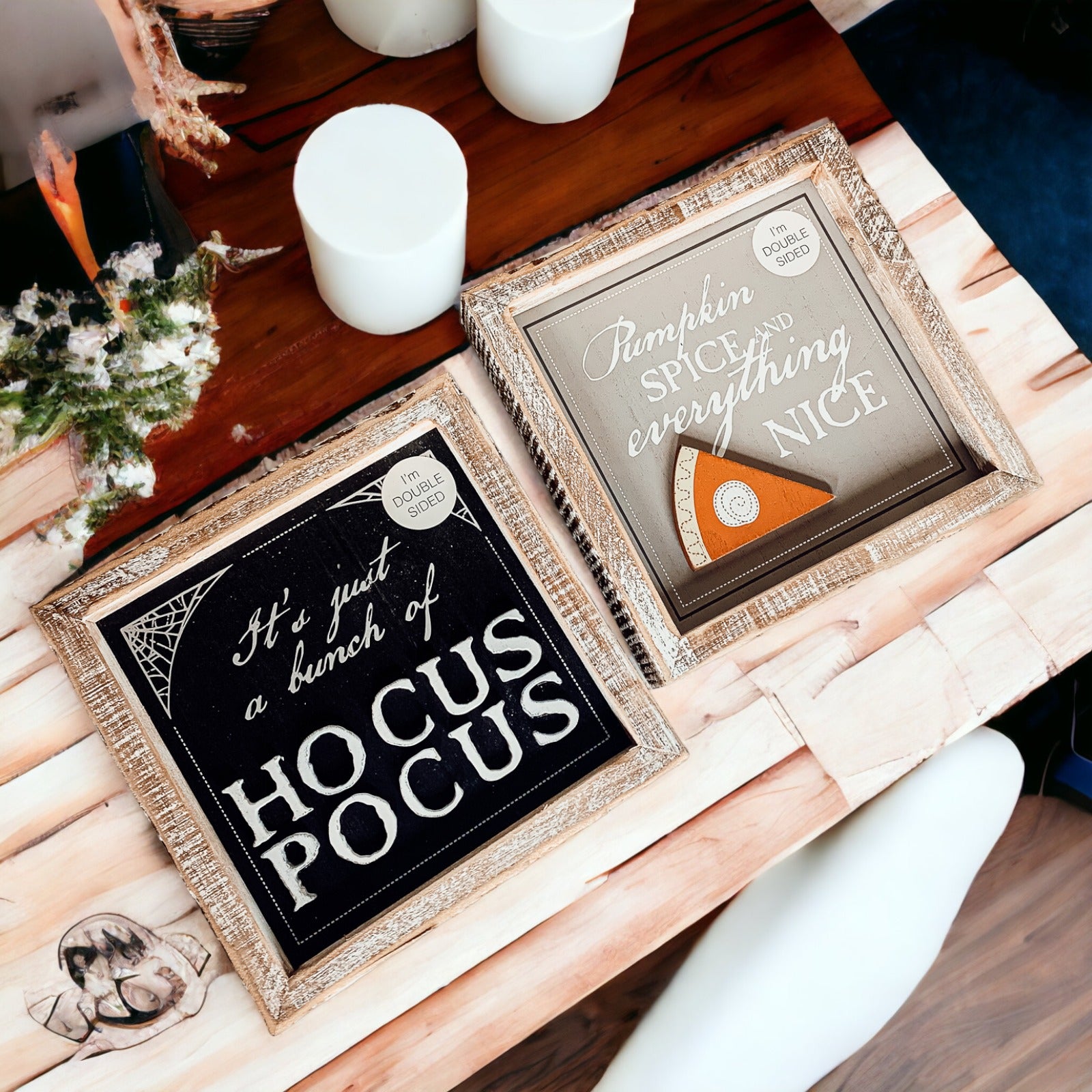 Hocus Pocus 3D double-sided sign featuring Pumpkin Spice and Hocus Pocus graphics, perfect for fall and Halloween decor.