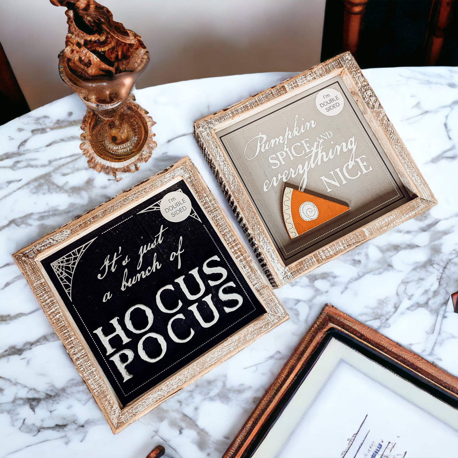 Hocus Pocus 3D double-sided sign featuring Pumpkin Spice and Hocus Pocus graphics, perfect for fall and Halloween decor.