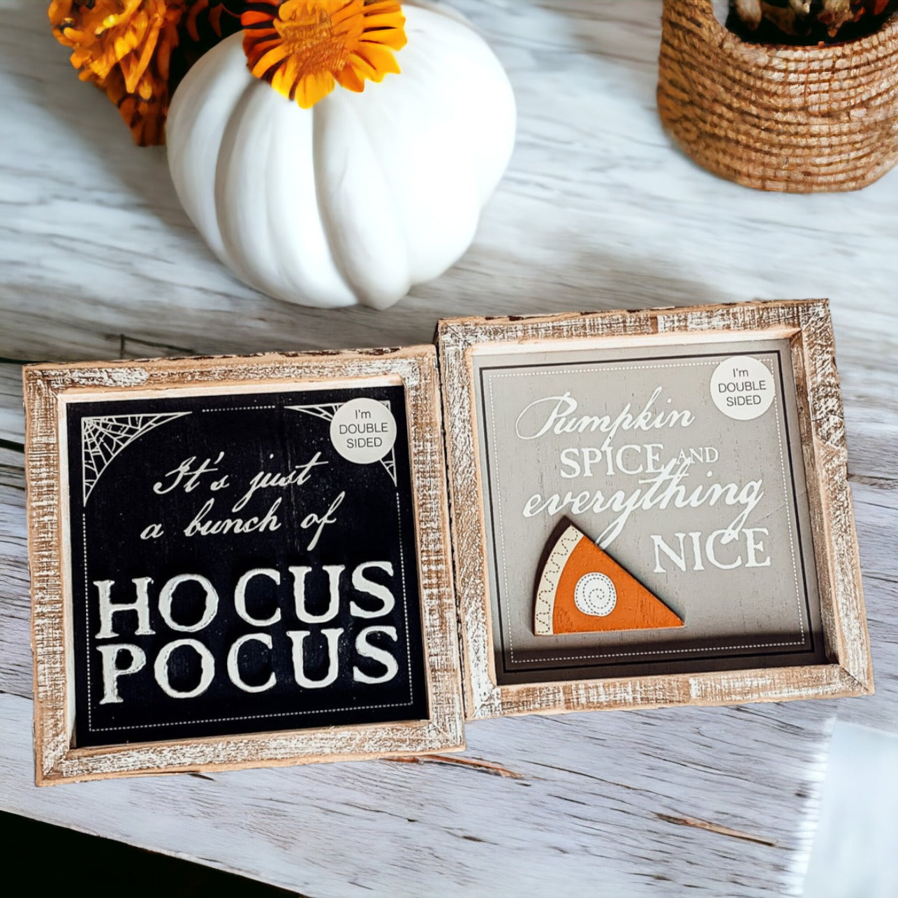 Hocus Pocus 3D double-sided sign featuring Pumpkin Spice and Hocus Pocus graphics, perfect for fall and Halloween decor.