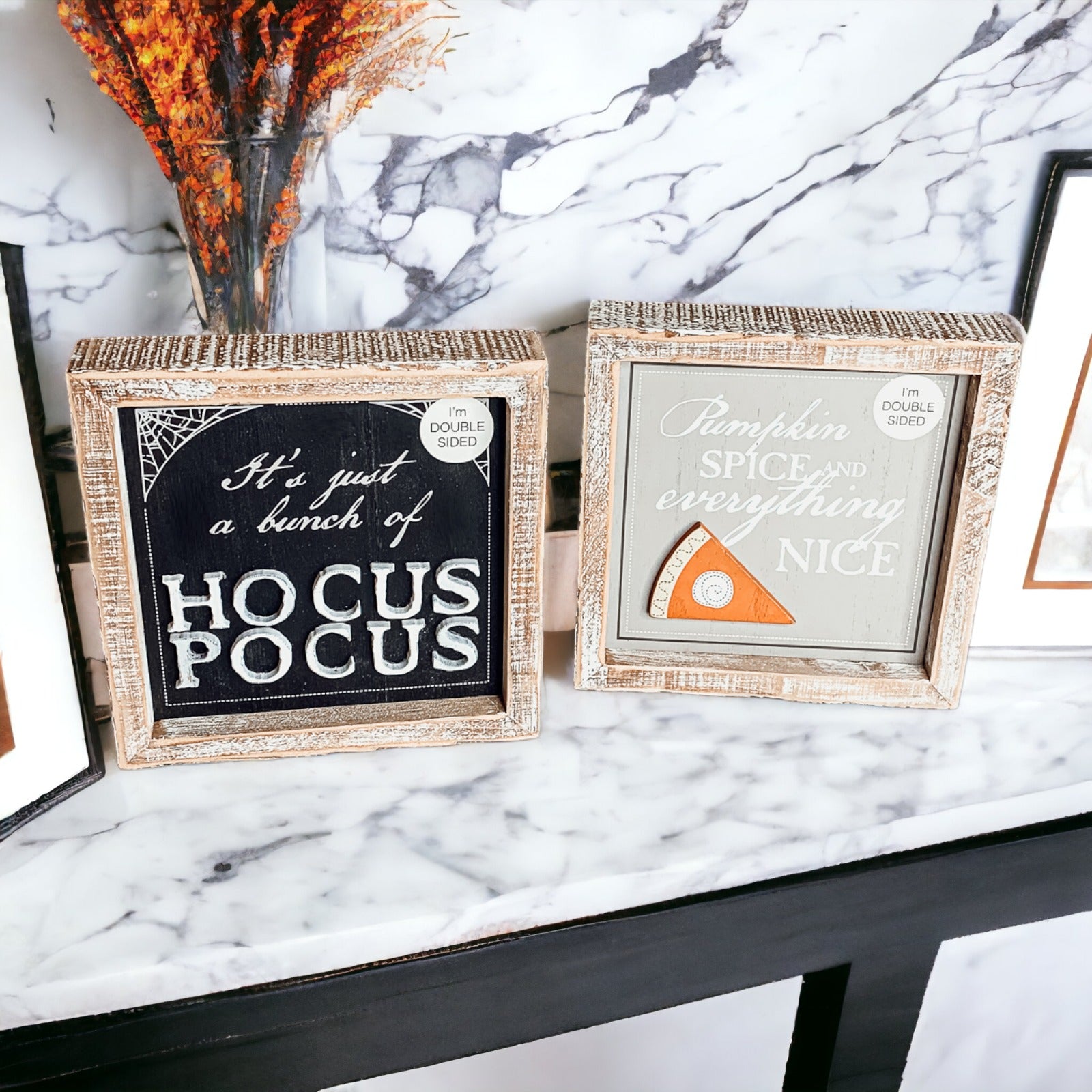 Hocus Pocus 3D double-sided sign featuring Pumpkin Spice and Hocus Pocus graphics, perfect for fall and Halloween decor.