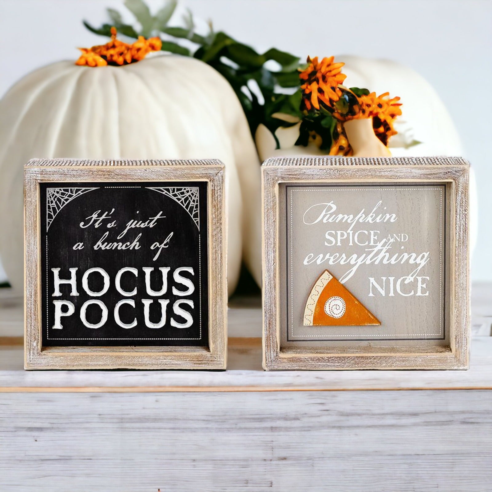 Hocus Pocus 3D double-sided sign featuring Pumpkin Spice and Hocus Pocus graphics, perfect for fall and Halloween decor.