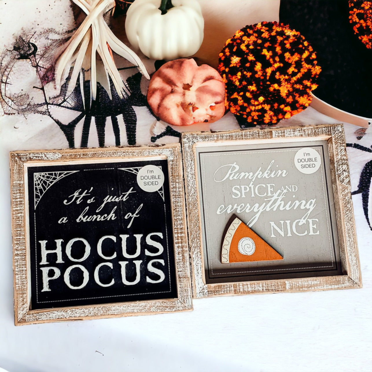 Hocus Pocus 3D double-sided sign featuring Pumpkin Spice and Hocus Pocus graphics, perfect for fall and Halloween decor.