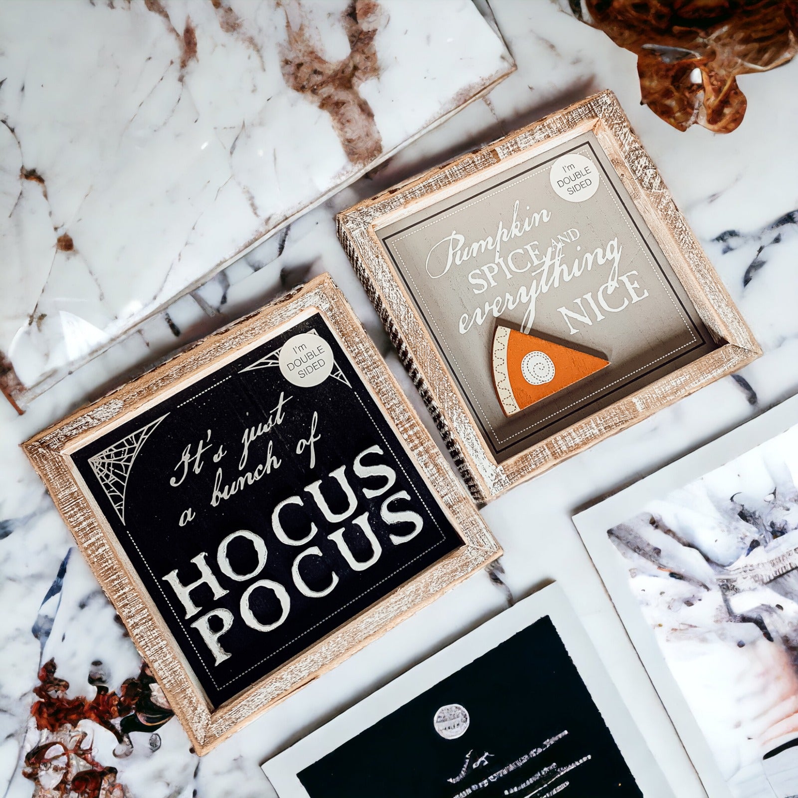 Hocus Pocus 3D double-sided sign featuring Pumpkin Spice and Hocus Pocus graphics, perfect for fall and Halloween decor.