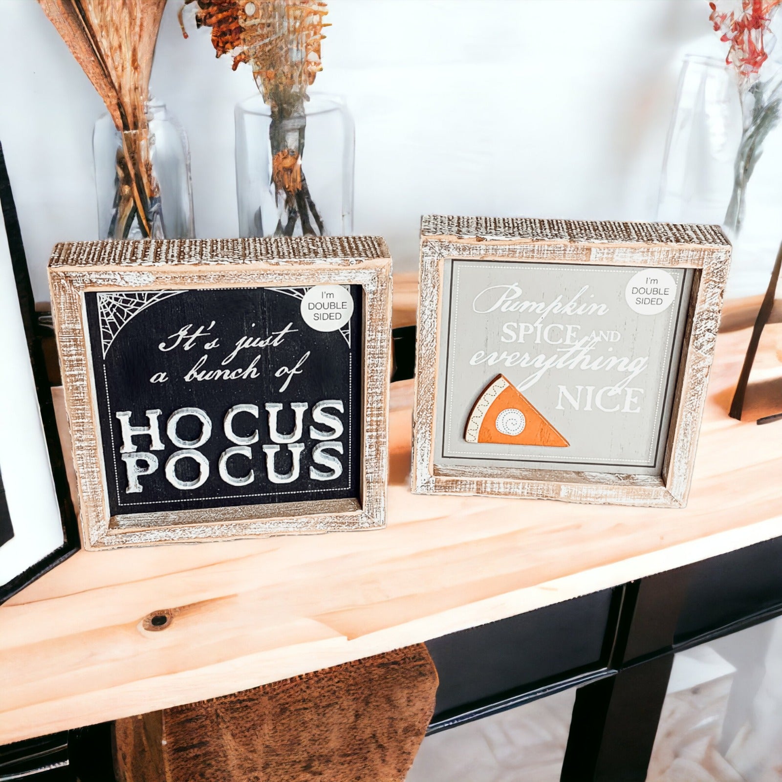 Hocus Pocus 3D double-sided sign featuring Pumpkin Spice and Hocus Pocus graphics, perfect for fall and Halloween decor.