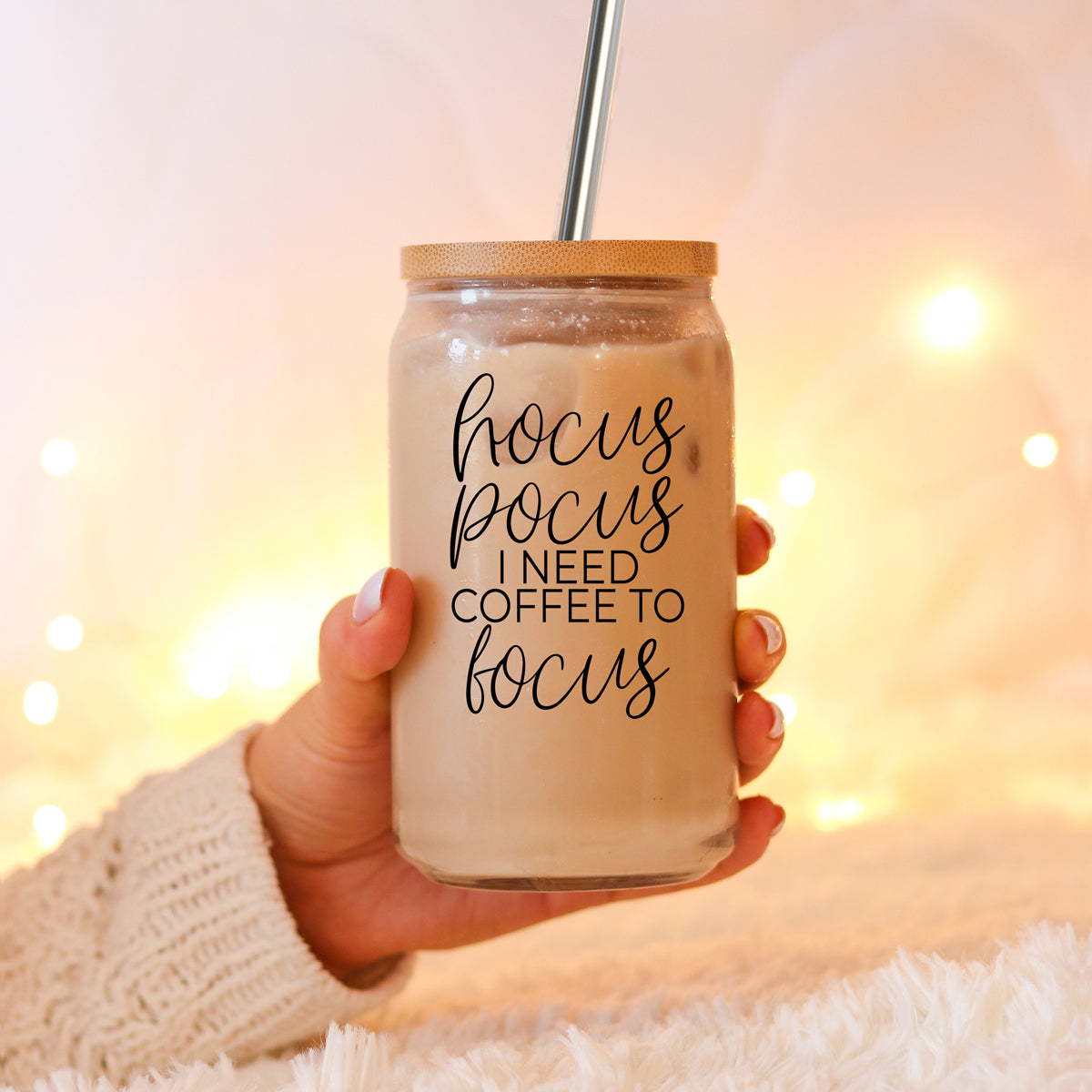 Hocus Pocus Cup with bamboo lid and stainless steel straws, featuring a black graphic design, ideal for hot and cold beverages.