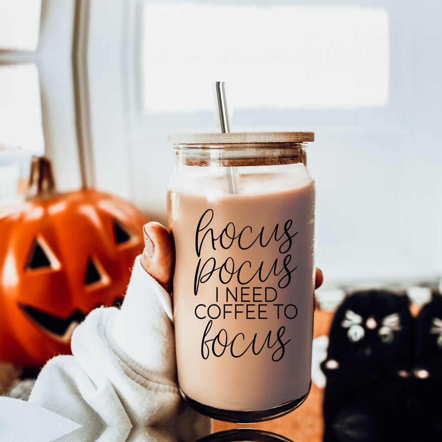 Hocus Pocus Cup with bamboo lid and stainless steel straws, featuring a black graphic design, ideal for hot and cold beverages.