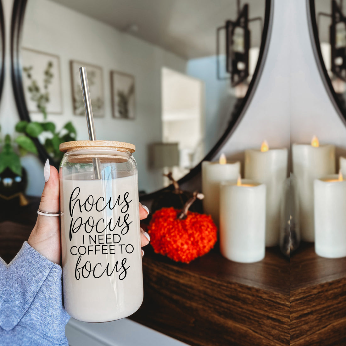 Hocus Pocus Cup with bamboo lid and stainless steel straws, featuring a black graphic design, ideal for hot and cold beverages.