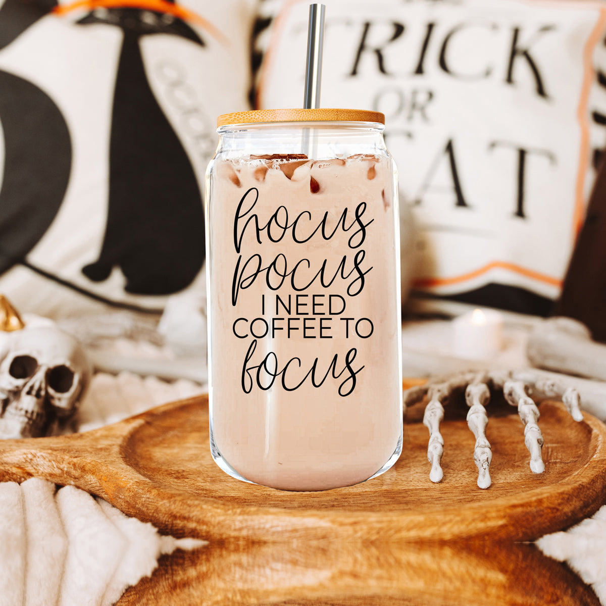 Hocus Pocus Cup with bamboo lid and stainless steel straws, featuring a black graphic design, ideal for hot and cold beverages.