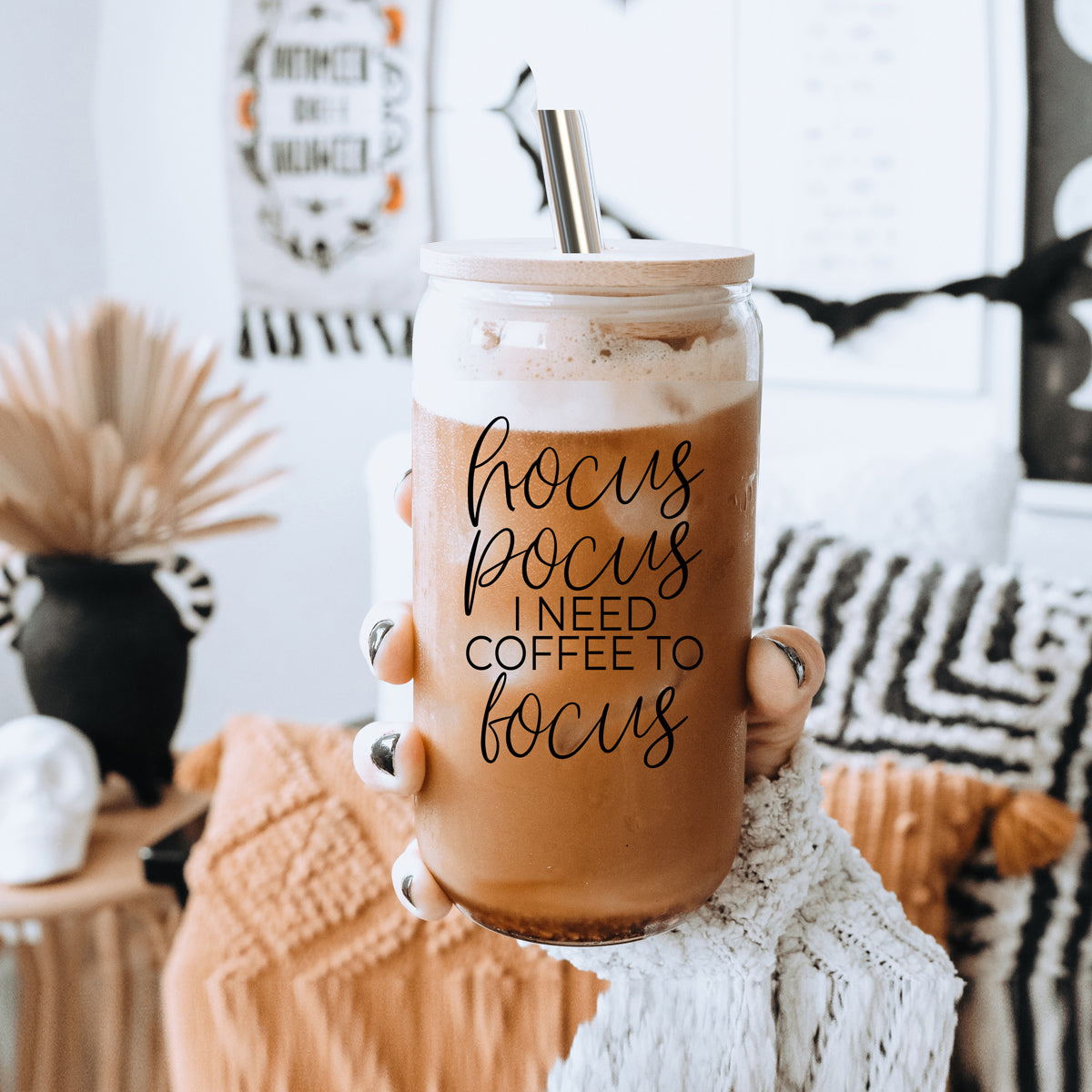 Hocus Pocus Cup with bamboo lid and stainless steel straws, featuring a black graphic design, ideal for hot and cold beverages.