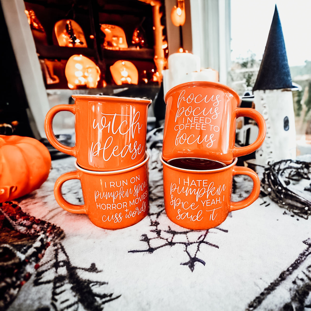 Hocus Pocus Mug in vibrant orange with white lettering, featuring the phrase 'Hocus Pocus I need Coffee to Focus!' on both sides, perfect for fall.