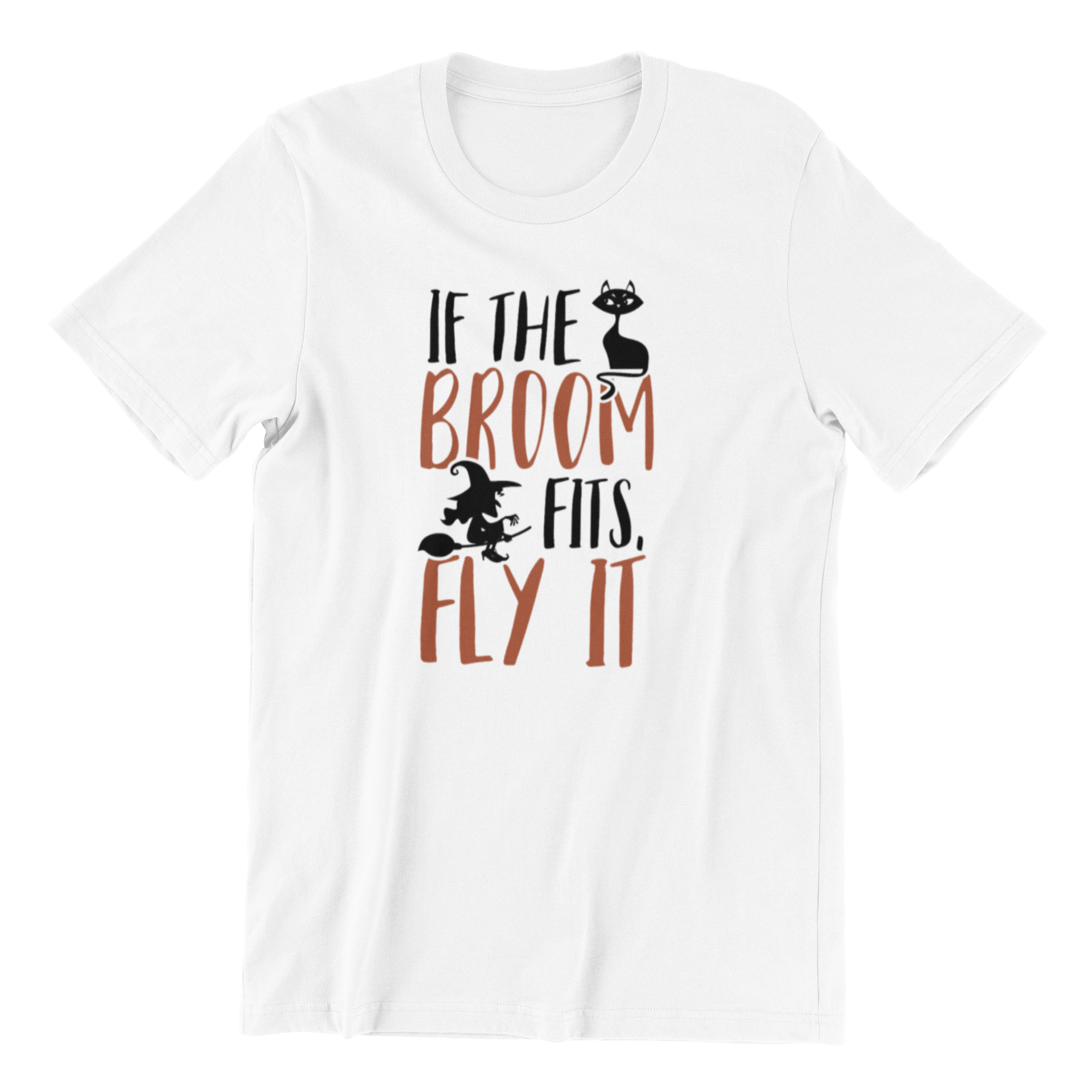 A stylish If The Broom Fits Fly It Shirt featuring a whimsical design, made from 100% preshrunk cotton, available in various sizes.