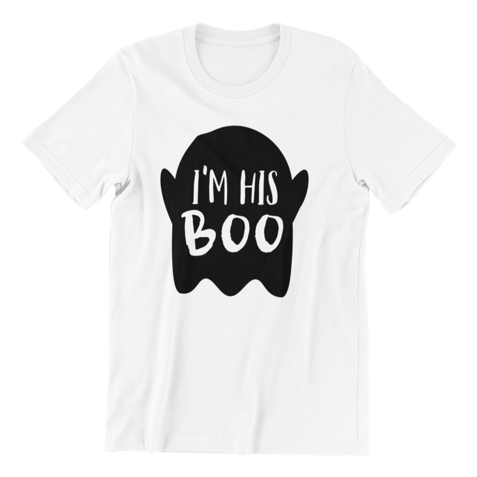 I'm His Boo Shirt displayed on a hanger, featuring a classic fit and vibrant print, made from 100% preshrunk cotton.