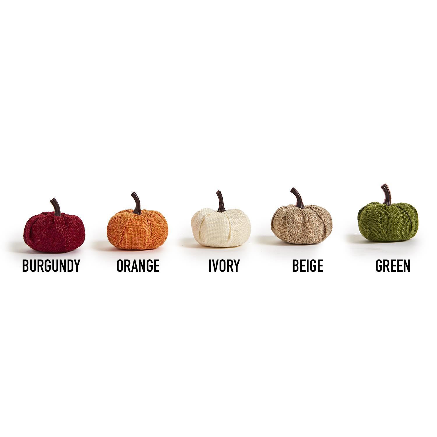 A collection of colorful jute mini pumpkins in various shades including burgundy, beige, green, ivory, and orange, perfect for fall decor.