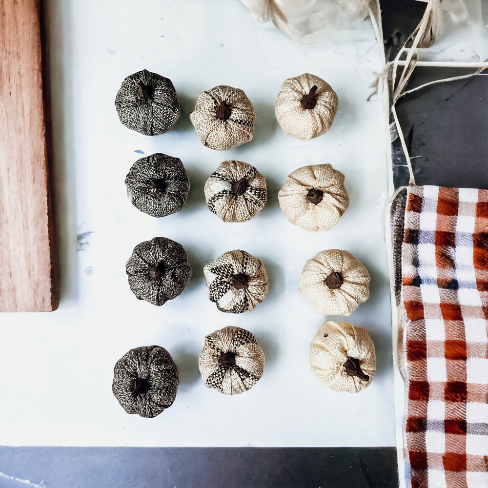 A collection of 12 mini pumpkins in beige, gray, and flannel patterns, perfect for fall and Halloween decor.