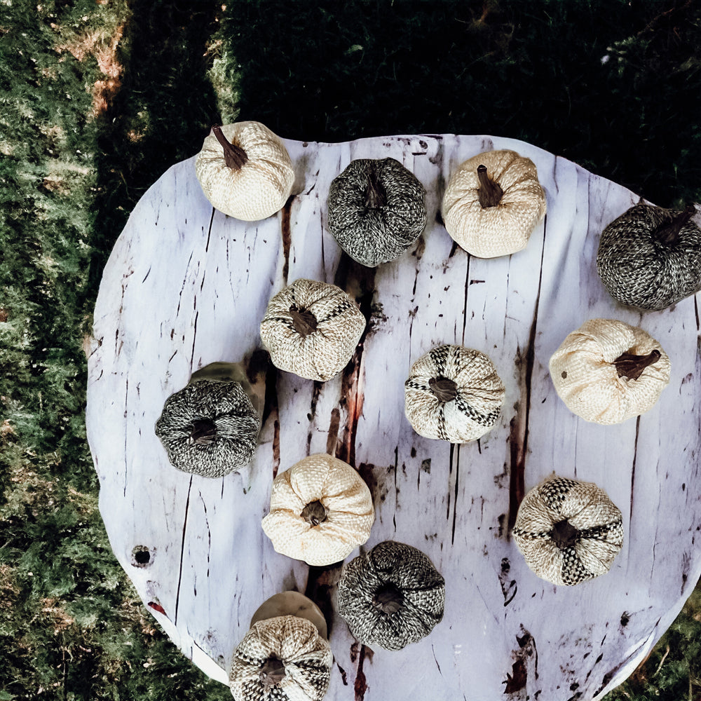 A collection of 12 mini pumpkins in beige, gray, and flannel patterns, perfect for fall and Halloween decor.