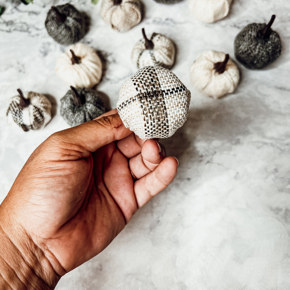 A collection of 12 mini pumpkins in beige, gray, and flannel patterns, perfect for fall and Halloween decor.