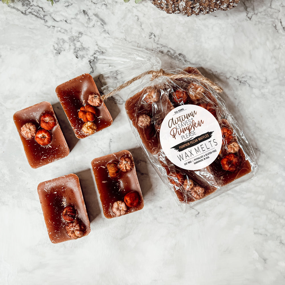 A close-up of Pumpkin Pecan Waffles wax melts, showcasing their rich color and texture, with a warm, inviting scent of autumn.