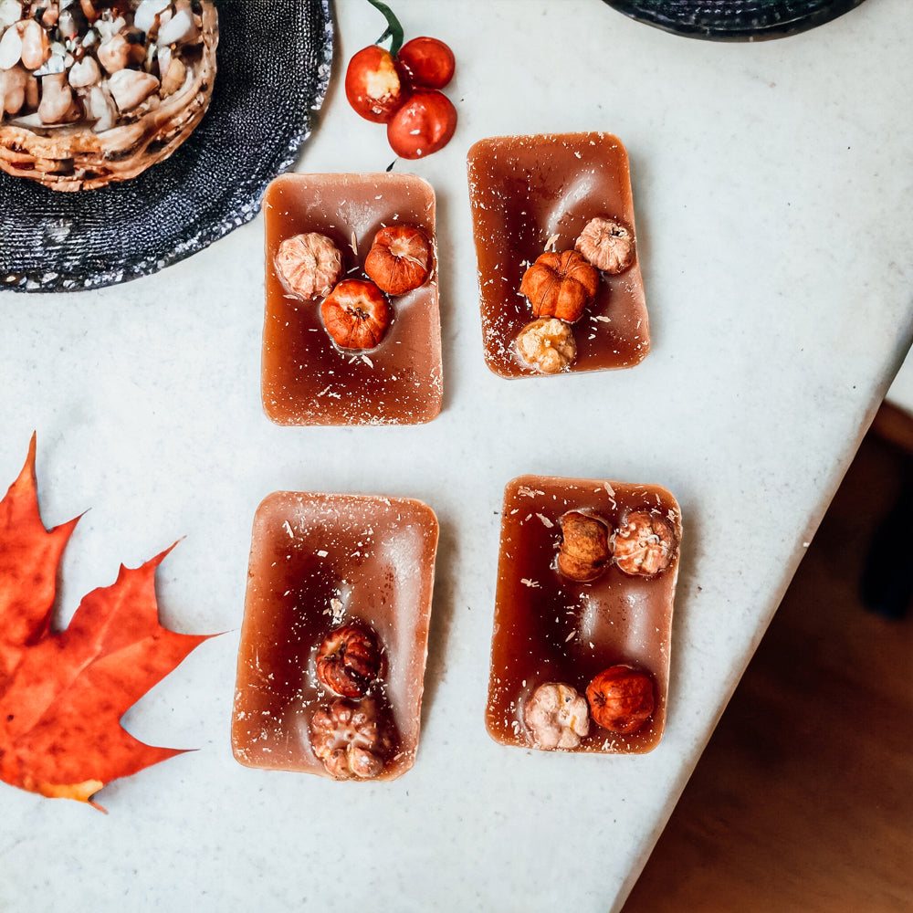 A close-up of Pumpkin Pecan Waffles wax melts, showcasing their rich color and texture, with a warm, inviting scent of autumn.