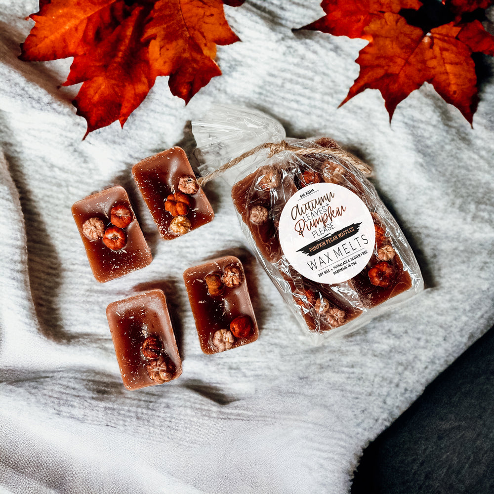 A close-up of Pumpkin Pecan Waffles wax melts, showcasing their rich color and texture, with a warm, inviting scent of autumn.