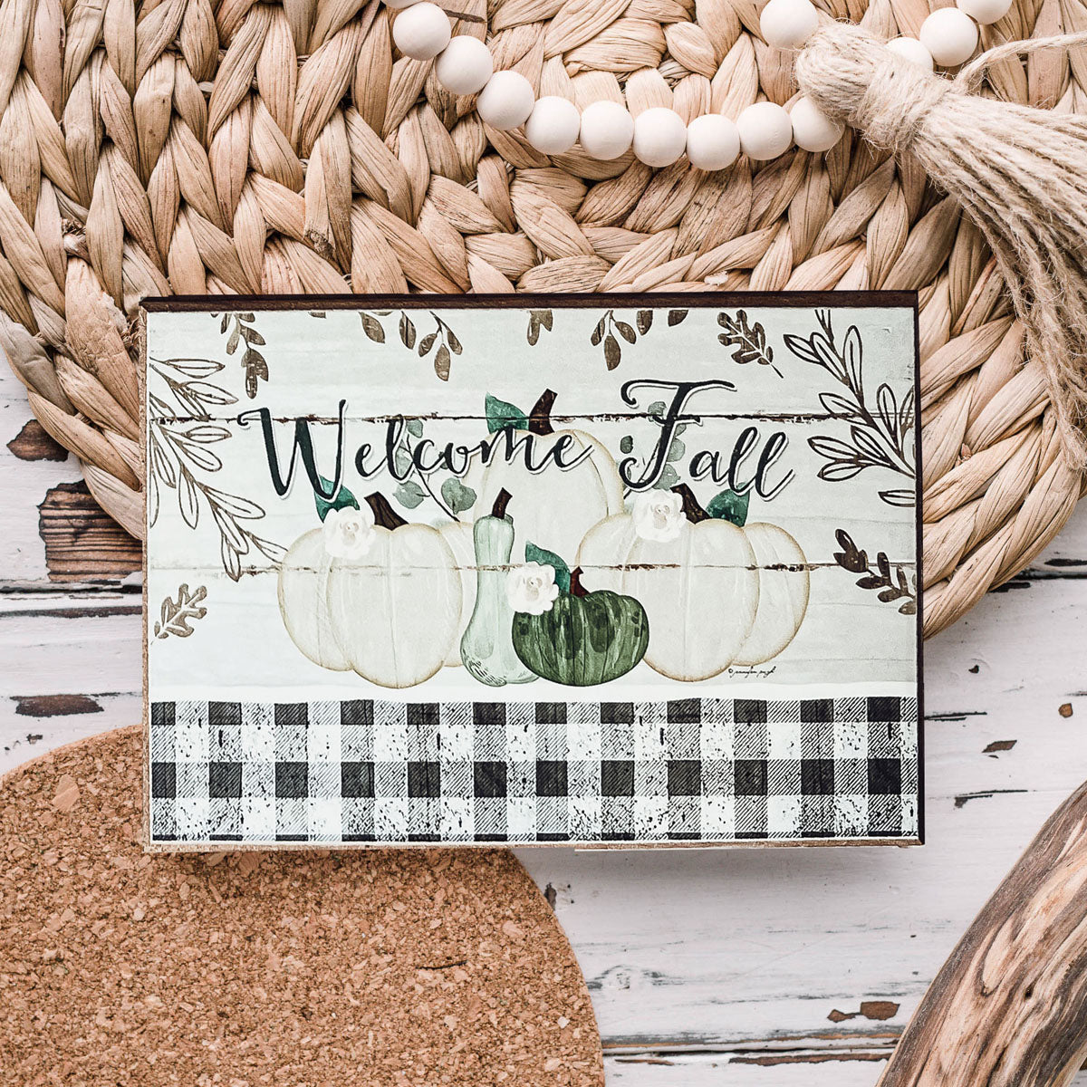 Handmade wooden 'Welcome Fall' sign, perfect for autumn decor, featuring a classic design suitable for tiered trays and mantles.