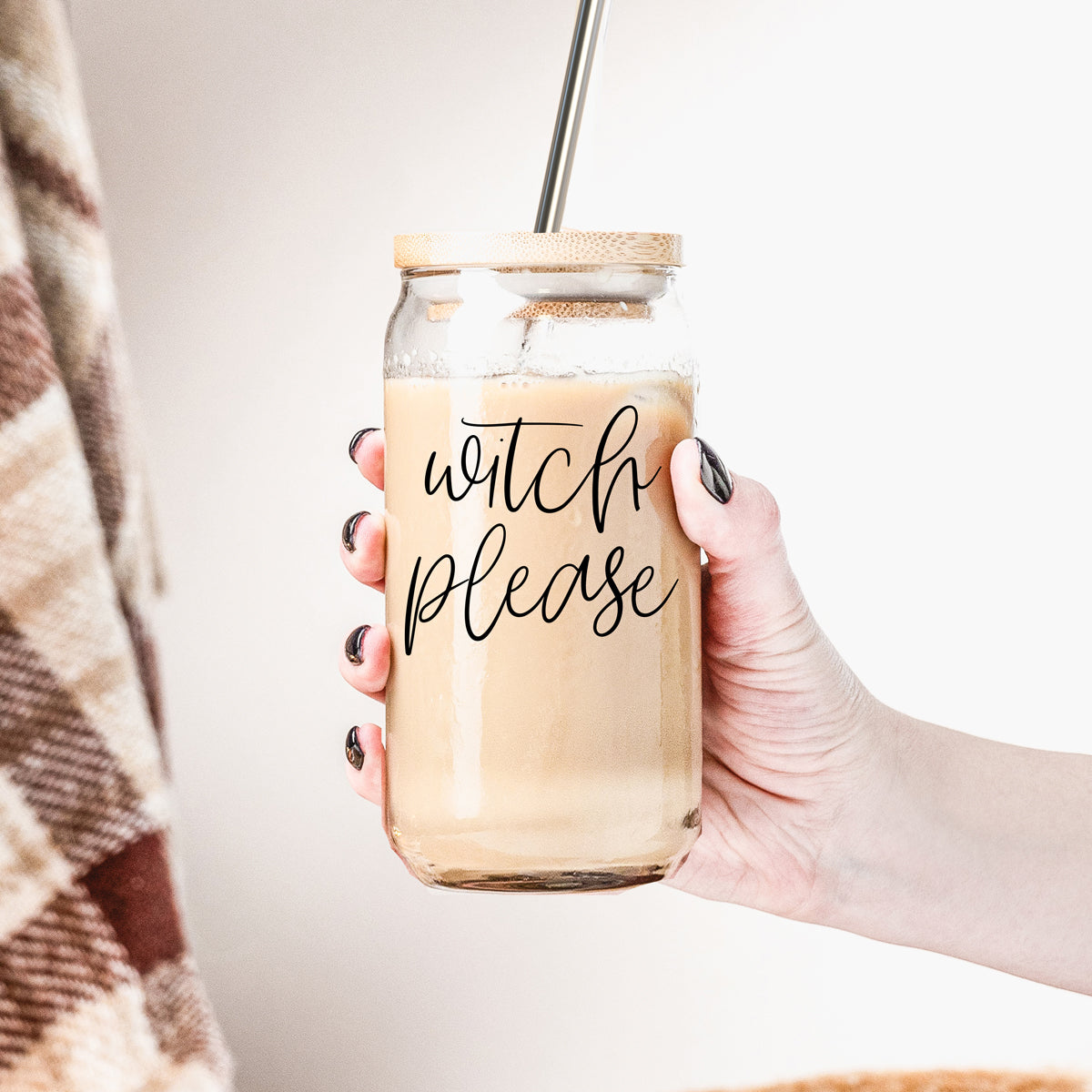 Witch Please Cup with bamboo lid and stainless steel straws, showcasing its stylish design and eco-friendly features.