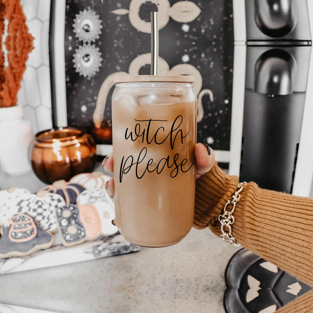 Witch Please Cup with bamboo lid and stainless steel straws, showcasing its stylish design and eco-friendly features.