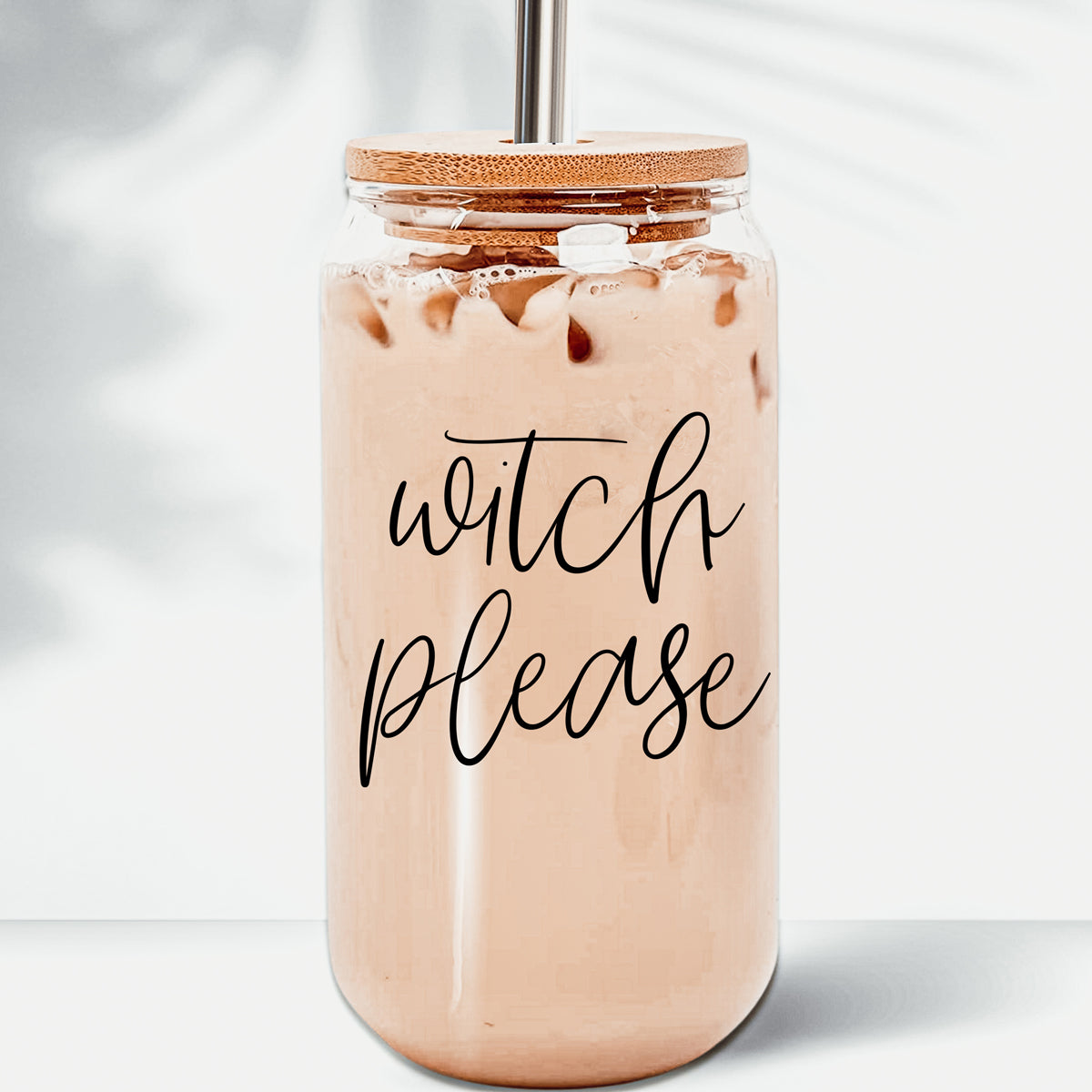 Witch Please Cup with bamboo lid and stainless steel straws, showcasing its stylish design and eco-friendly features.