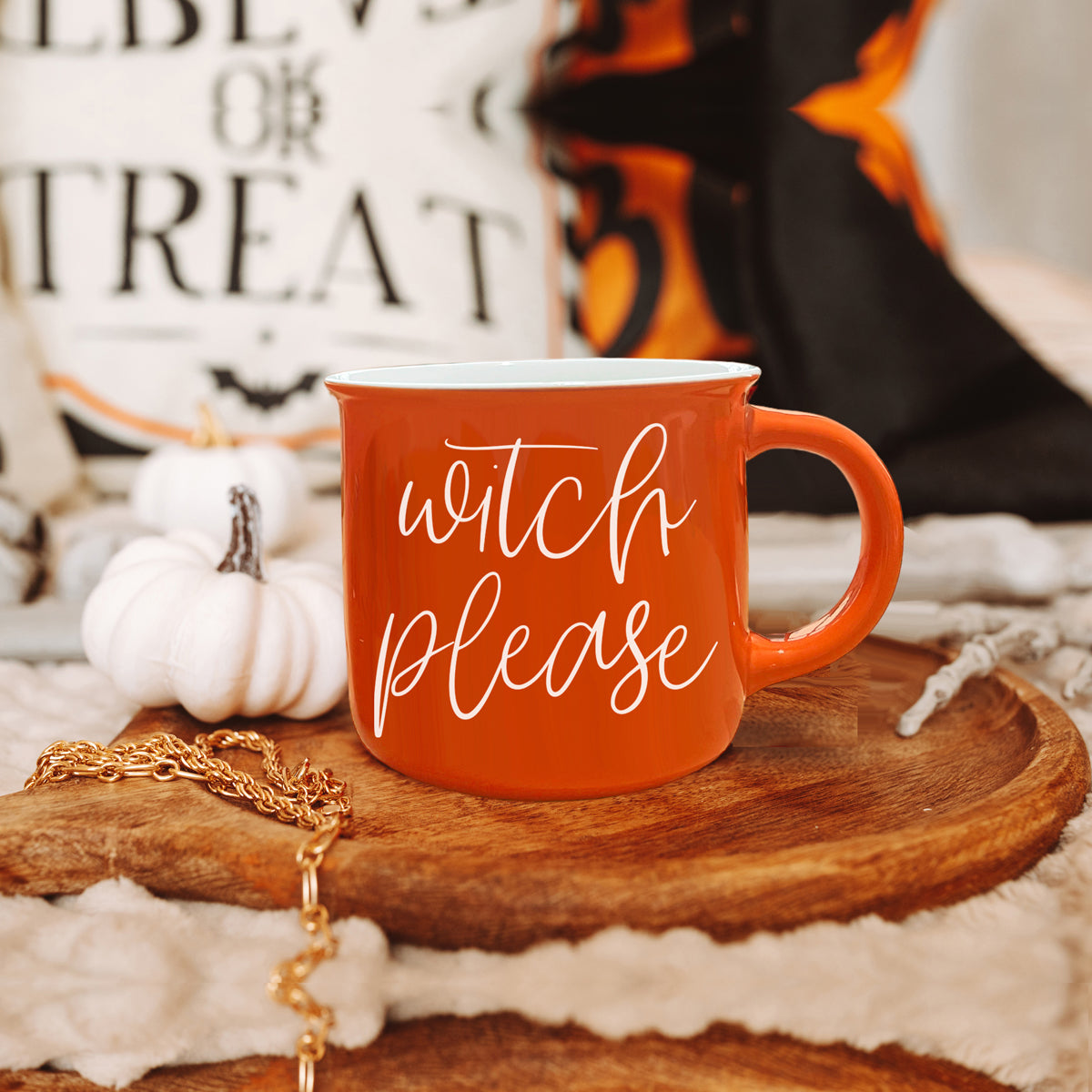 Witch Please Mug in vibrant orange with white lettering, featuring a whimsical design on both sides, perfect for fall beverages.