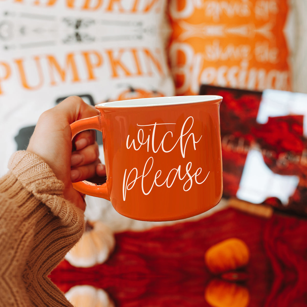 Witch Please Mug in vibrant orange with white lettering, featuring a whimsical design on both sides, perfect for fall beverages.