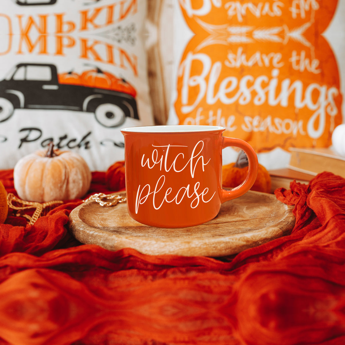 Witch Please Mug in vibrant orange with white lettering, featuring a whimsical design on both sides, perfect for fall beverages.