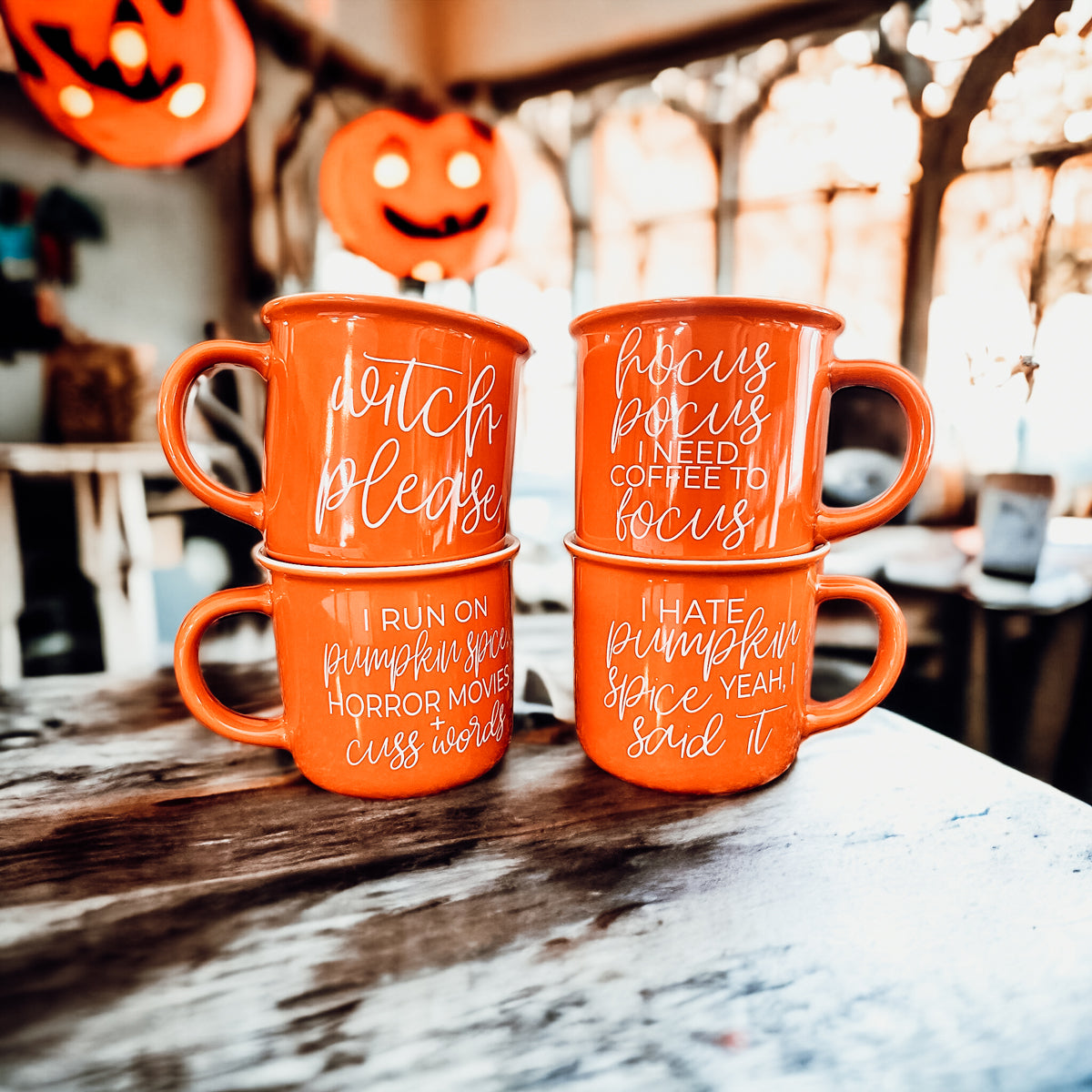 Witch Please Mug in vibrant orange with white lettering, featuring a whimsical design on both sides, perfect for fall beverages.