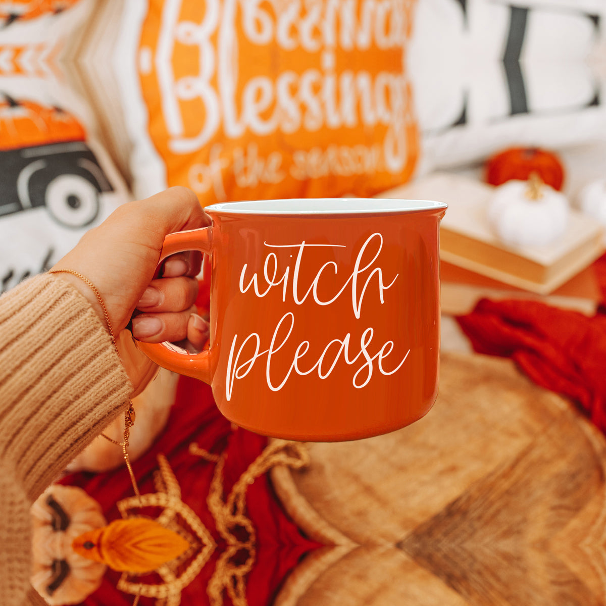 Witch Please Mug in vibrant orange with white lettering, featuring a whimsical design on both sides, perfect for fall beverages.