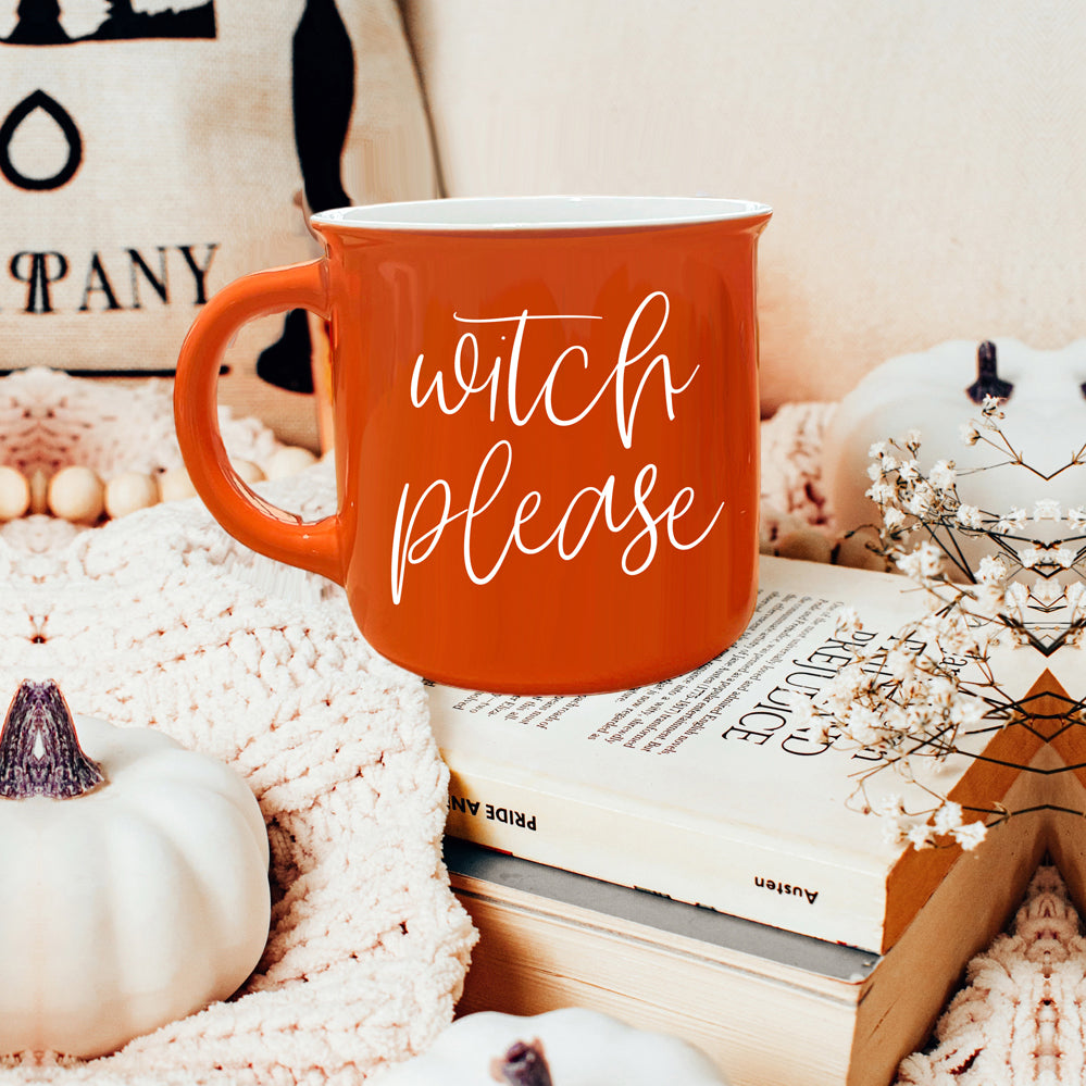 Witch Please Mug in vibrant orange with white lettering, featuring a whimsical design on both sides, perfect for fall beverages.