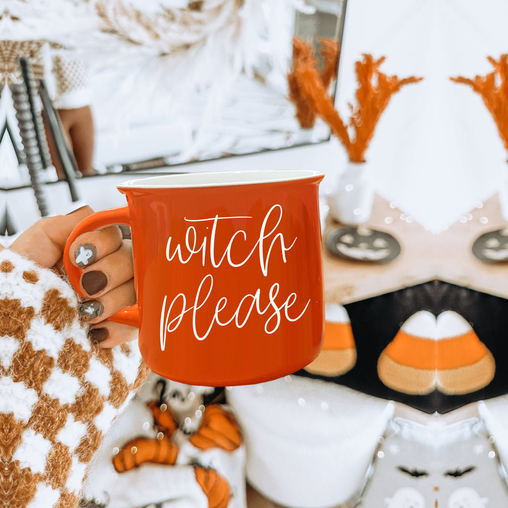 Witch Please Mug in vibrant orange with white lettering, featuring a whimsical design on both sides, perfect for fall beverages.