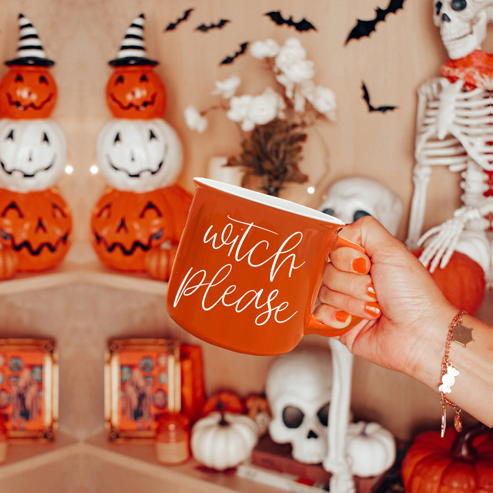 Witch Please Mug in vibrant orange with white lettering, featuring a whimsical design on both sides, perfect for fall beverages.