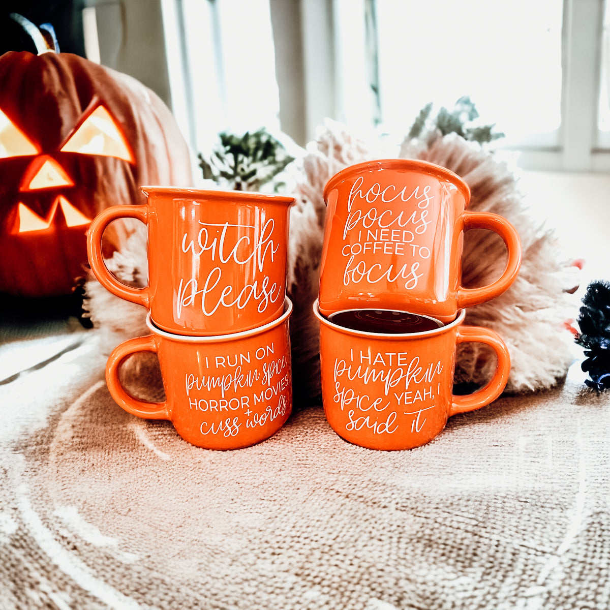 Witch Please Mug in vibrant orange with white lettering, featuring a whimsical design on both sides, perfect for fall beverages.