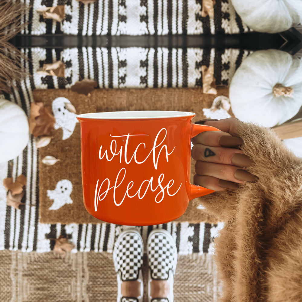 Witch Please Mug in vibrant orange with white lettering, featuring a whimsical design on both sides, perfect for fall beverages.