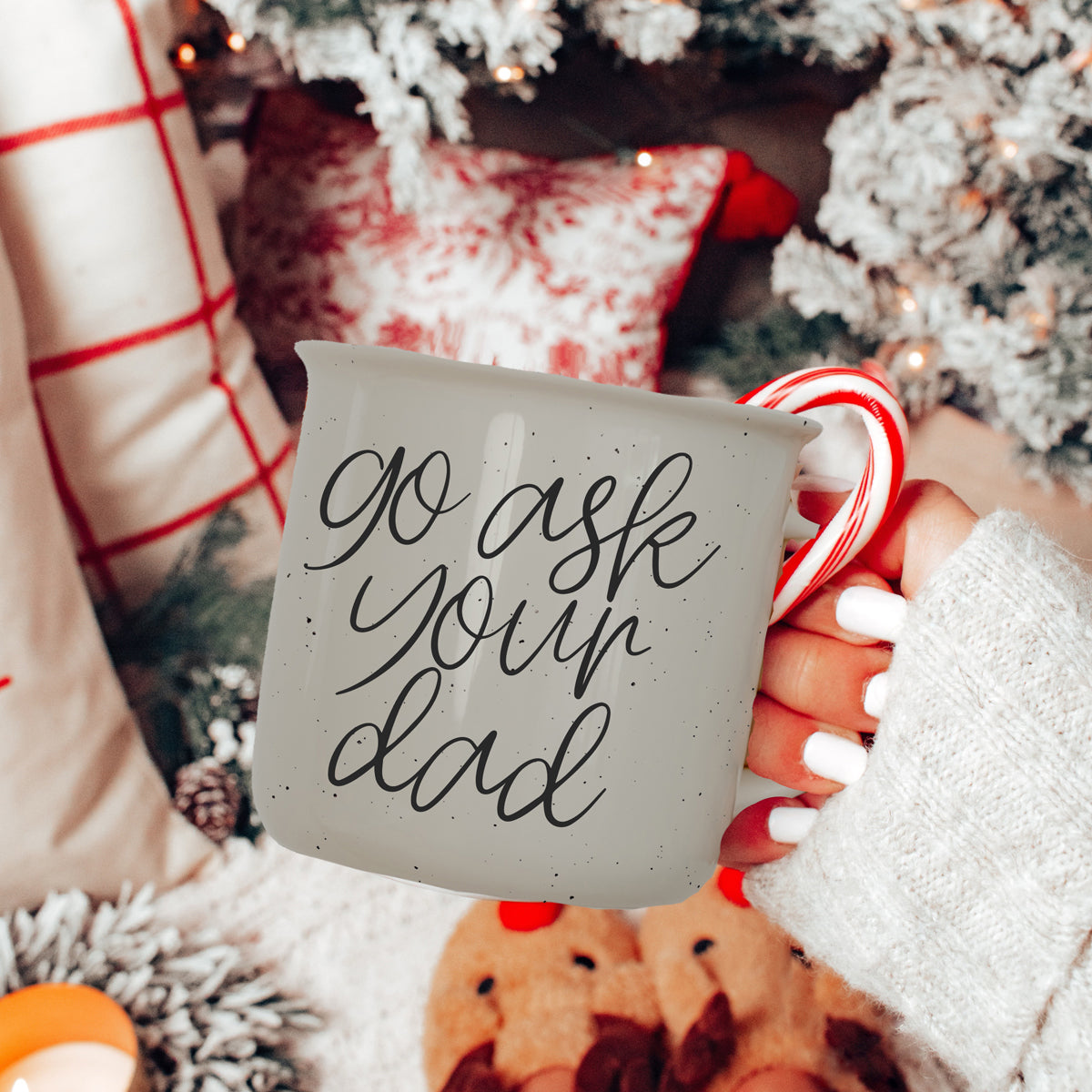 Go Ask Your Dad Ceramic Coffee Mug with light ivory glaze and black lettering, featuring a campfire style design, perfect for busy parents.