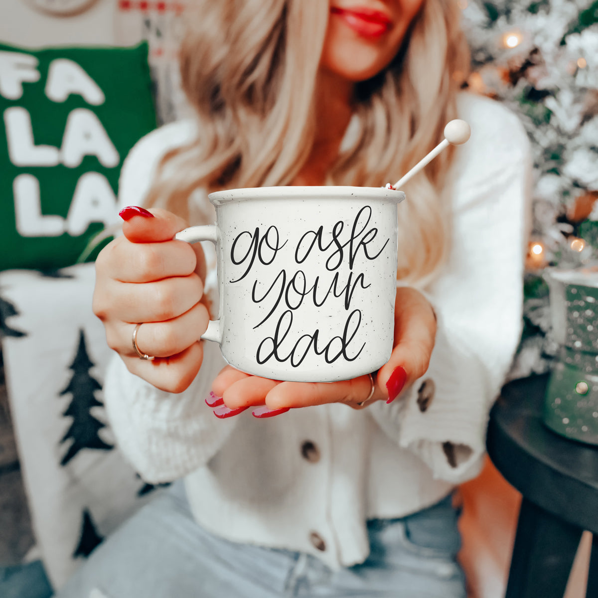 Go Ask Your Dad Ceramic Coffee Mug with light ivory glaze and black lettering, featuring a campfire style design, perfect for busy parents.