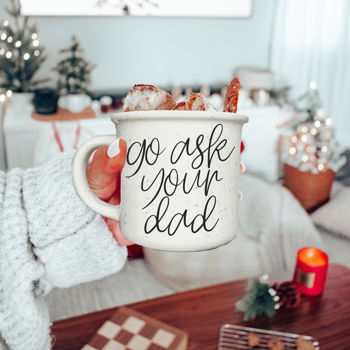 Go Ask Your Dad Ceramic Coffee Mug with light ivory glaze and black lettering, featuring a campfire style design, perfect for busy parents.