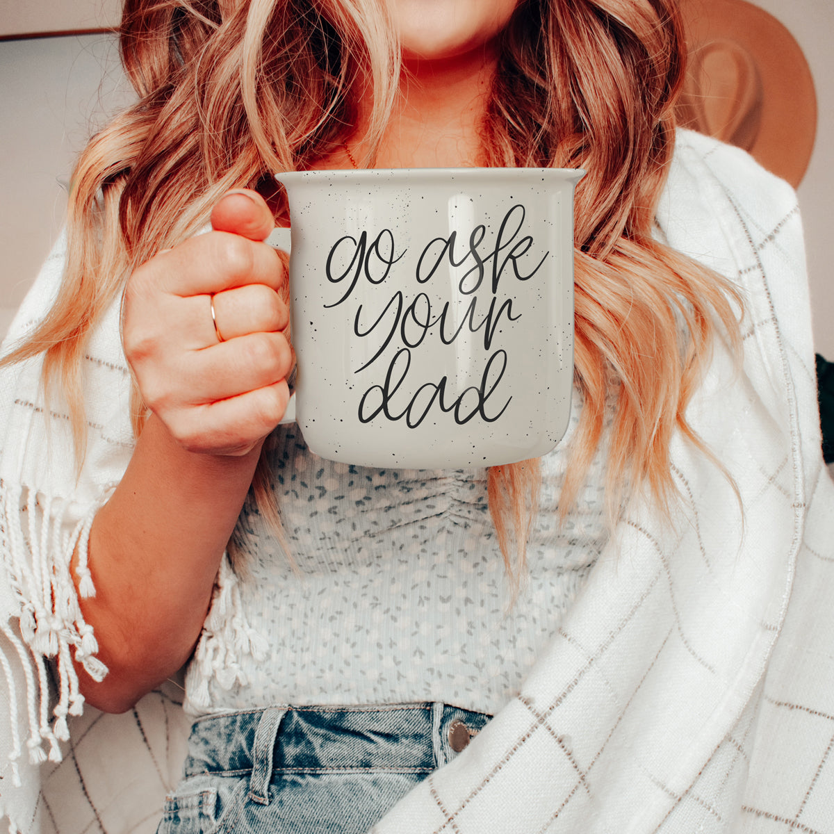 Go Ask Your Dad Ceramic Coffee Mug with light ivory glaze and black lettering, featuring a campfire style design, perfect for busy parents.