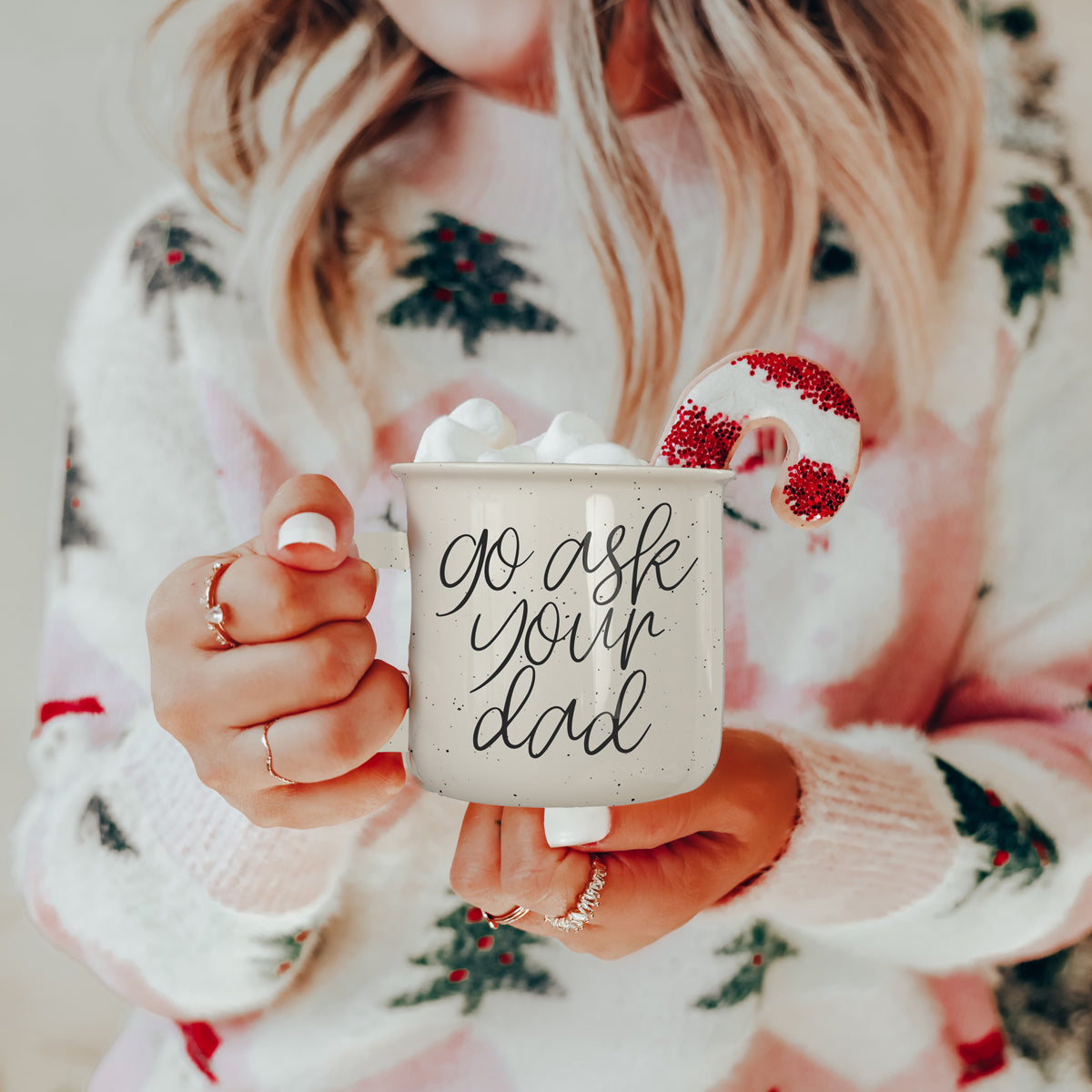 Go Ask Your Dad Ceramic Coffee Mug with light ivory glaze and black lettering, featuring a campfire style design, perfect for busy parents.