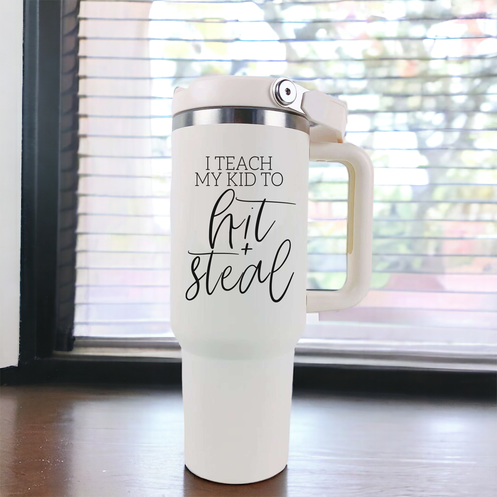 A stylish 40oz tumbler with a cream exterior and stainless steel interior, featuring the bold graphic 'Moms Against White Baseball Pants' on the front, designed for durability and practicality.