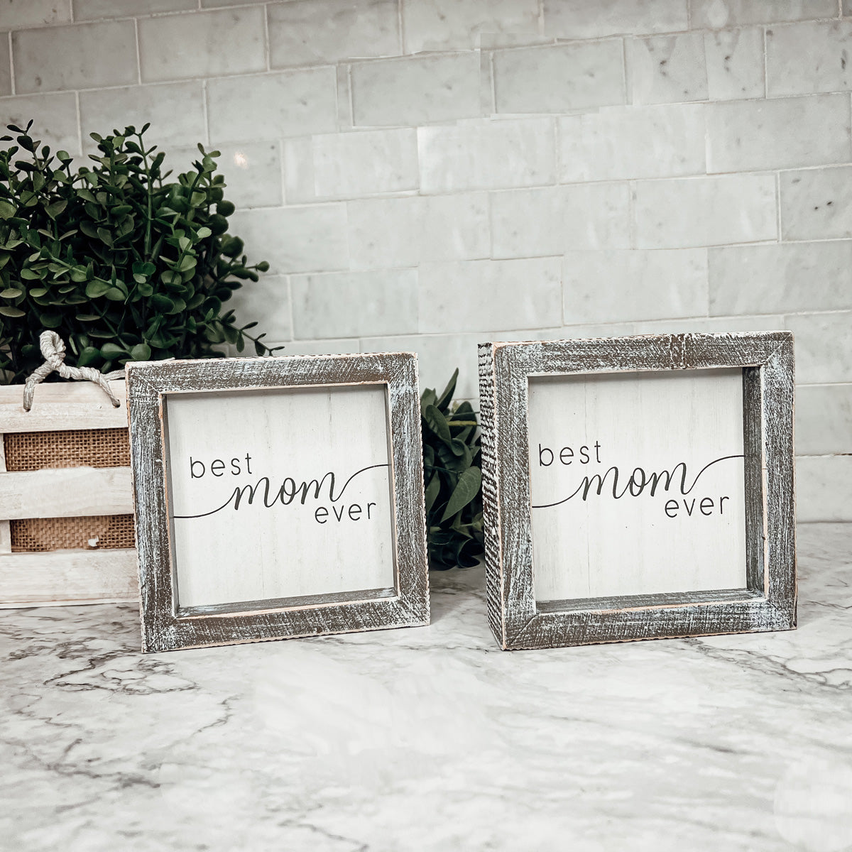 A rustic wooden framed sign displaying the quote 'Best Mom Ever', measuring 5x5x1.5 inches, perfect for home decor.