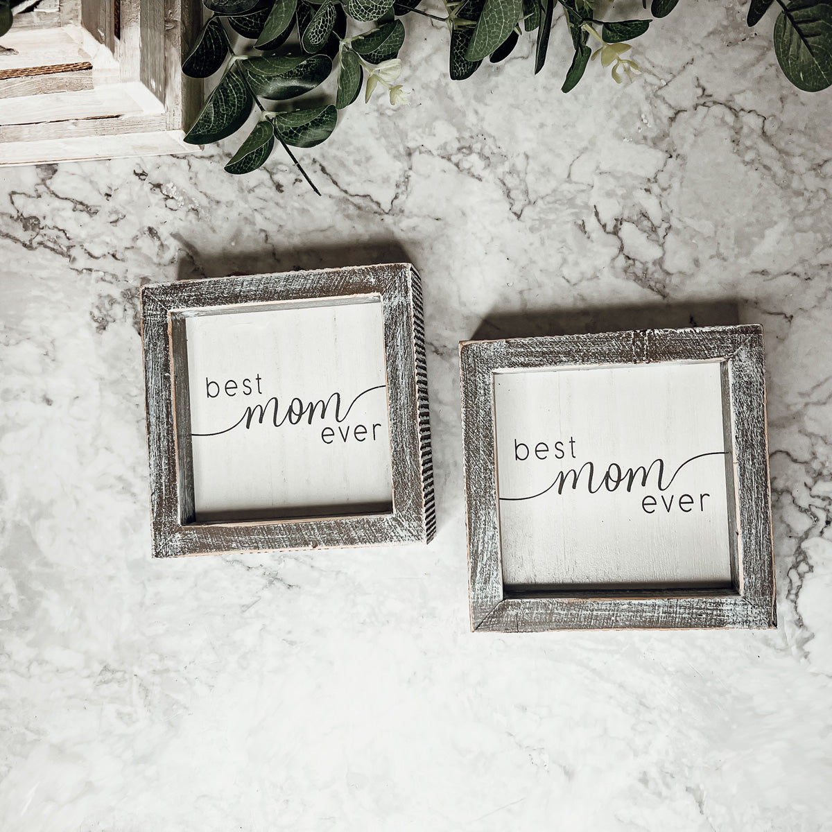 A rustic wooden framed sign displaying the quote 'Best Mom Ever', measuring 5x5x1.5 inches, perfect for home decor.