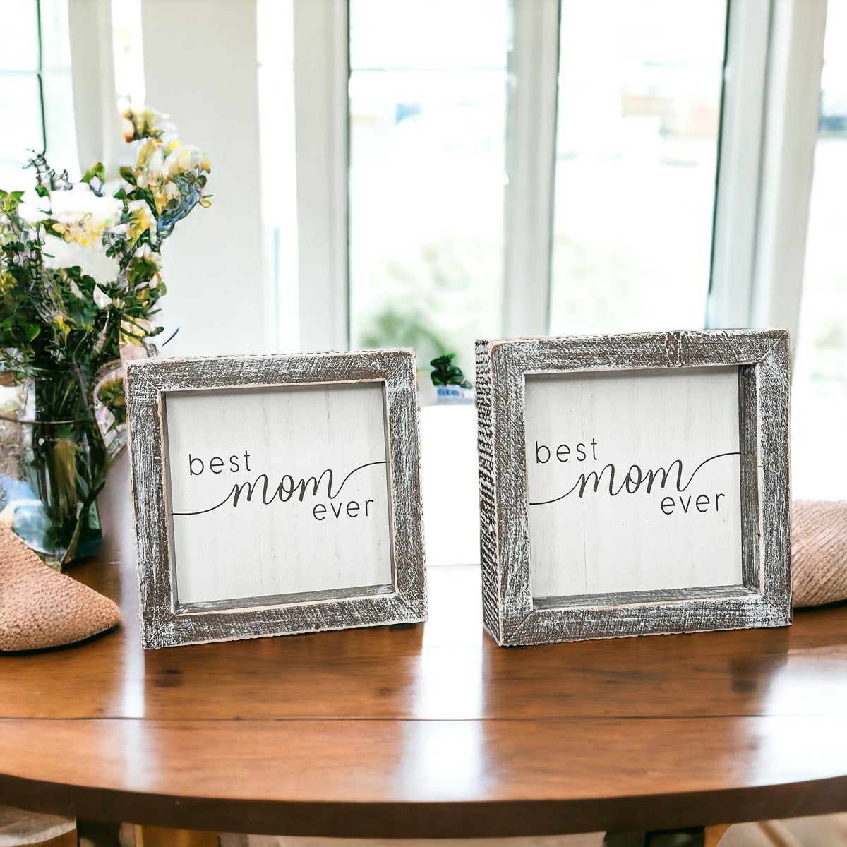 A rustic wooden framed sign displaying the quote 'Best Mom Ever', measuring 5x5x1.5 inches, perfect for home decor.