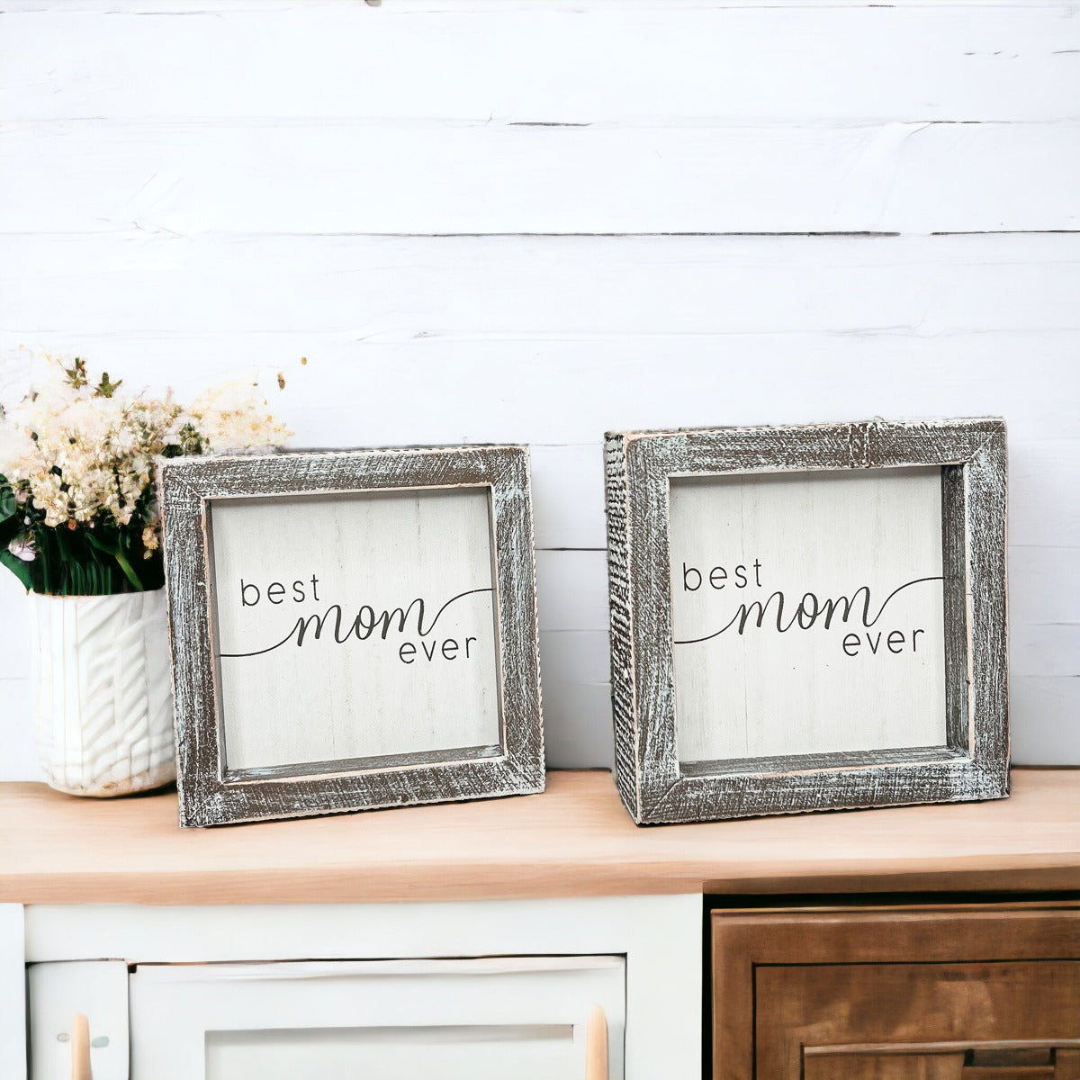 A rustic wooden framed sign displaying the quote 'Best Mom Ever', measuring 5x5x1.5 inches, perfect for home decor.