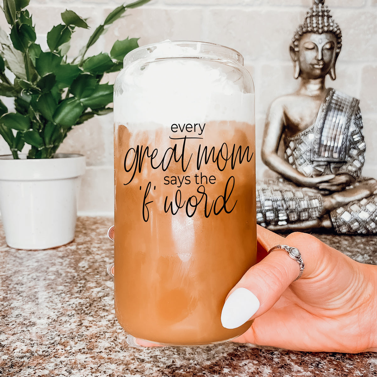 Every Great Mom Set featuring glass drinking cups with bamboo lids, stainless steel straws, and a straw cleaner, perfect for hot and cold beverages.