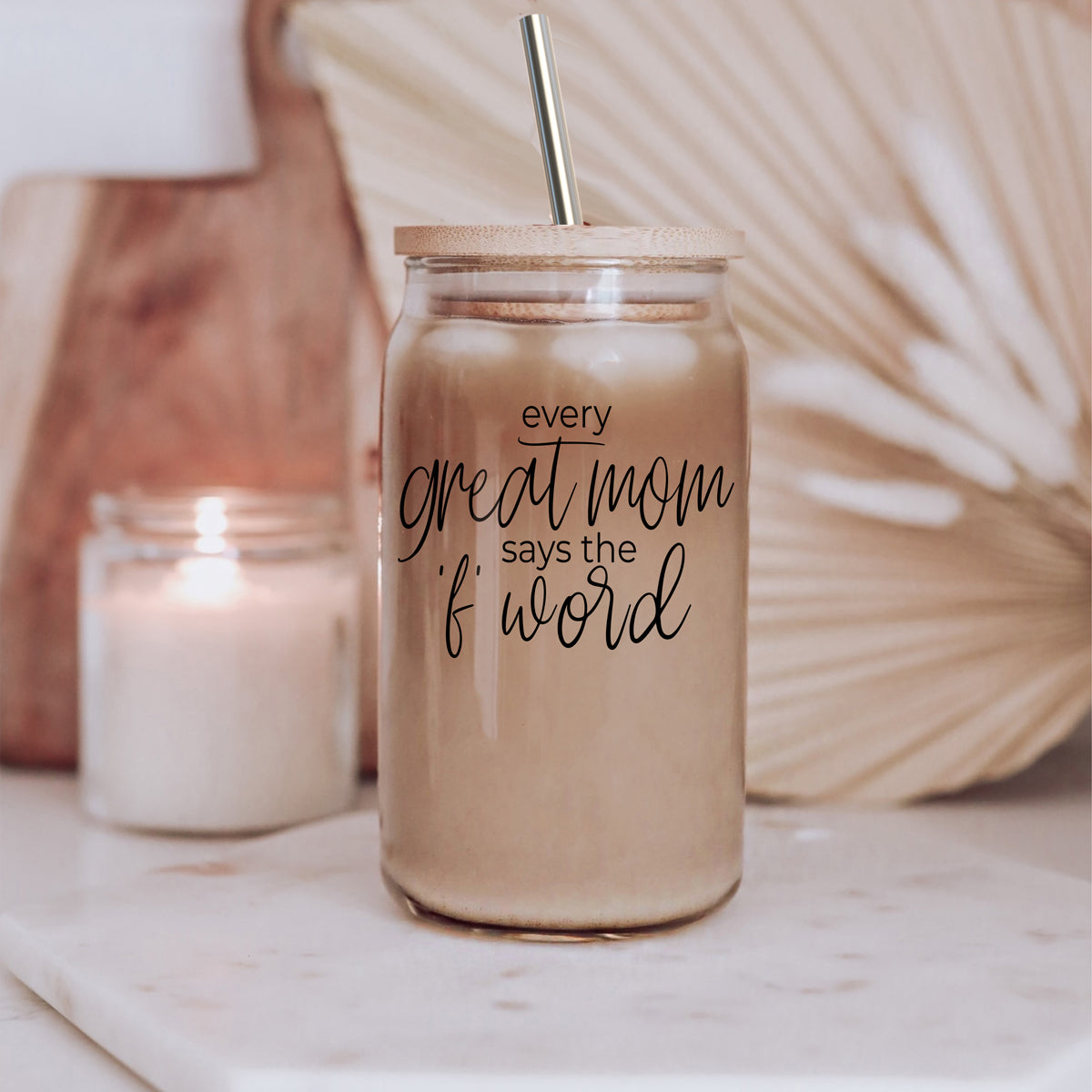 Every Great Mom Set featuring glass drinking cups with bamboo lids, stainless steel straws, and a straw cleaner, perfect for hot and cold beverages.